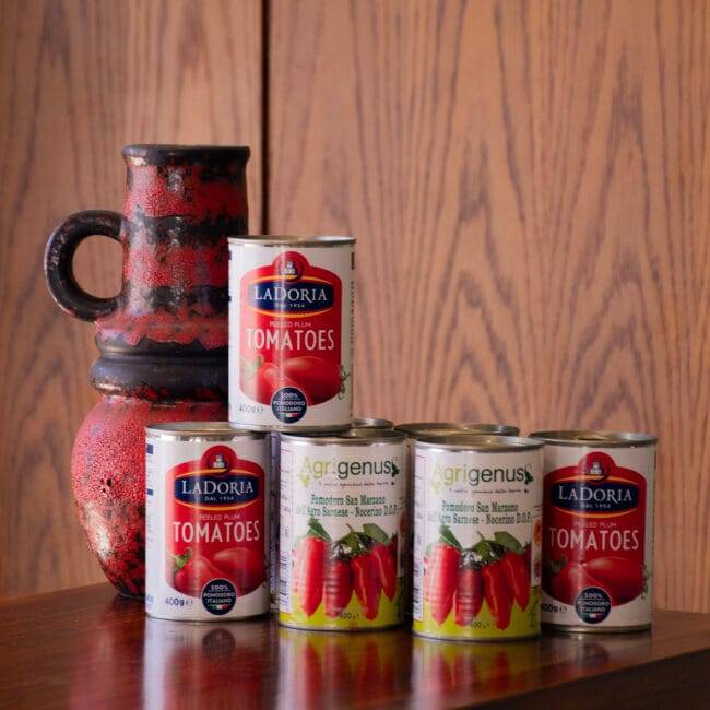 LaDoria canned tomatoes as part of the retail selection at Bottega Deli.